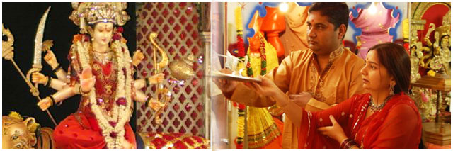 Beautiful idol of Maa Sherawali, and devotees doing aarti at mata ki chowki